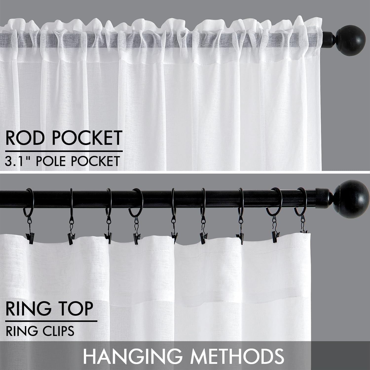 White Sheer Curtains Linen Textured 45 Inches Long 2 Panels for Bedroom Kitchen, Semi Transparent Farmhouse Rod Pocket Light Filtering Voile Window Drapes, W 42 X L 45 Inch Length