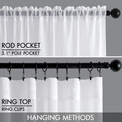 White Sheer Curtains Linen Textured 45 Inches Long 2 Panels for Bedroom Kitchen, Semi Transparent Farmhouse Rod Pocket Light Filtering Voile Window Drapes, W 42 X L 45 Inch Length