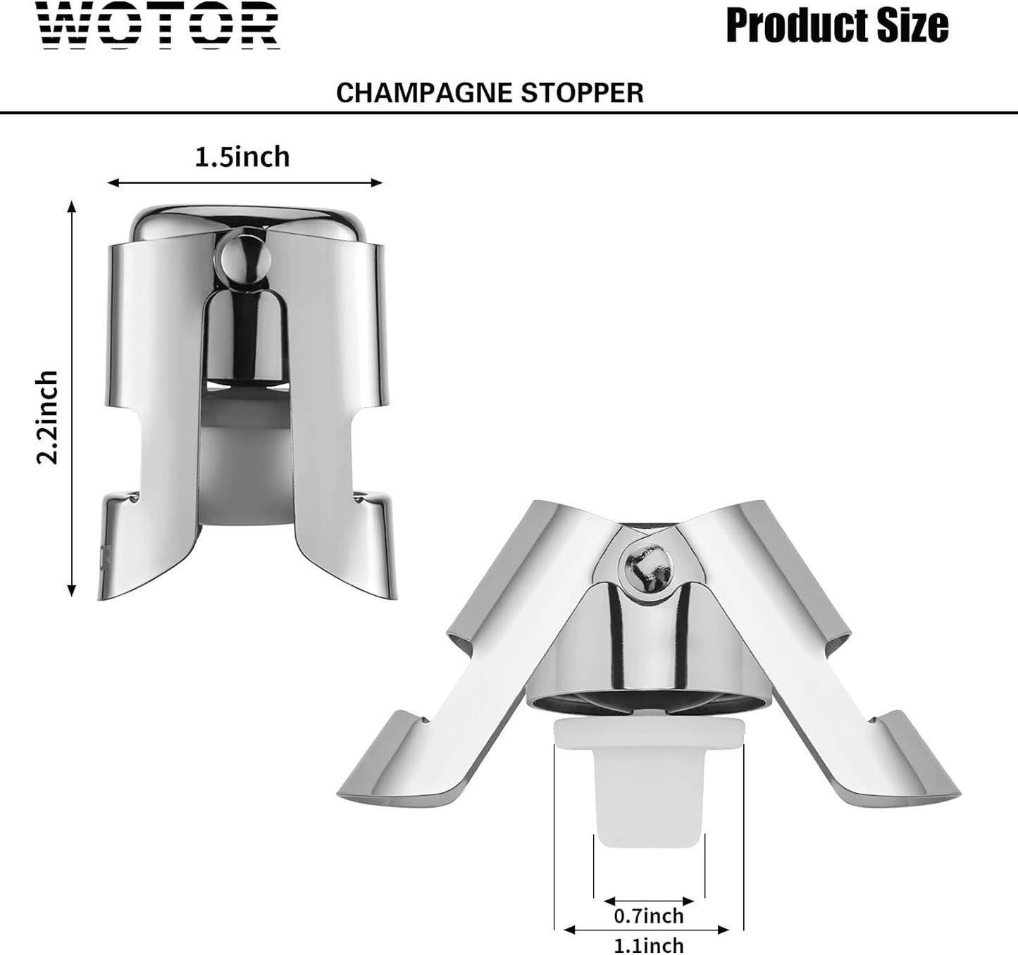 Champagne Stoppers Stainless Steel, Prosecco Bottle Stopper with Food Grade Silicone, Reusable Champagne Cork & Saver, Leak Proof Keep Fresh (Silver, 2 Pack)
