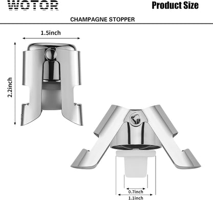 Champagne Stoppers Stainless Steel, Prosecco Bottle Stopper with Food Grade Silicone, Reusable Champagne Cork & Saver, Leak Proof Keep Fresh (Silver, 2 Pack)