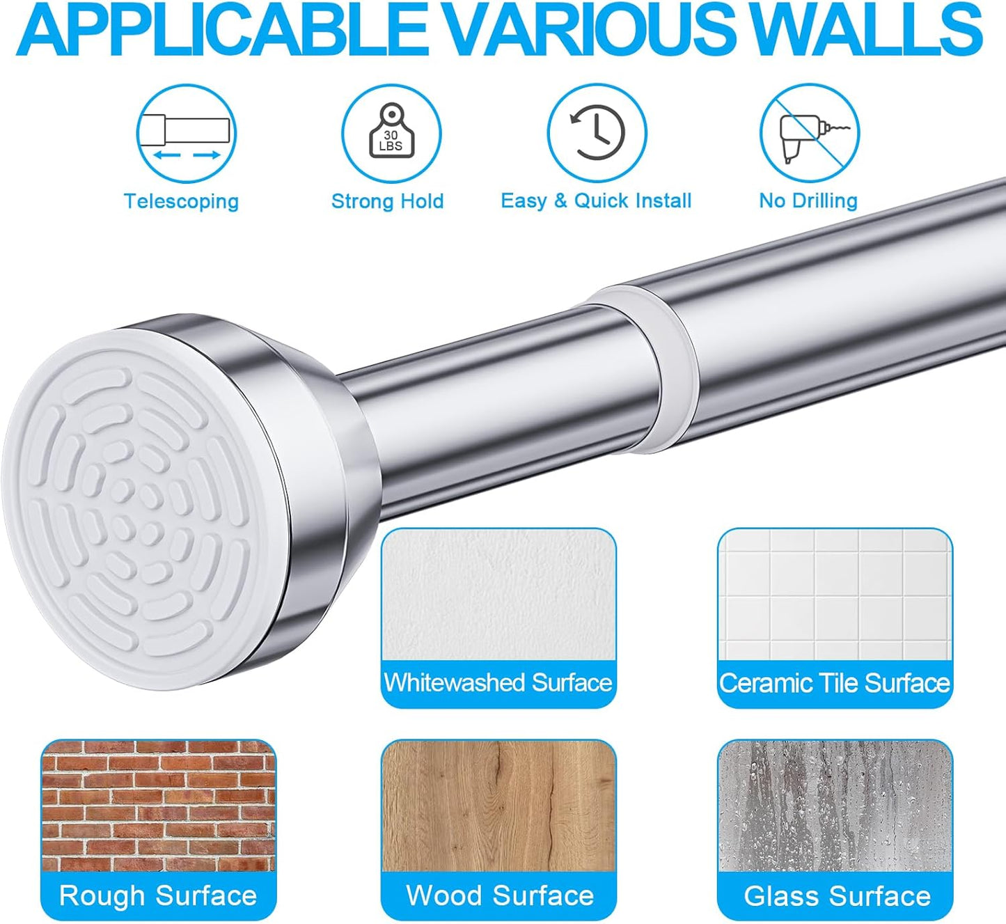 Shower Curtain Rod, 27-76 Inch Adjustable Tension Spring, Shower Curtain Rod Tension, Anti-Slip, Rust-Proof, No Drilling, for Bathroom, Silver