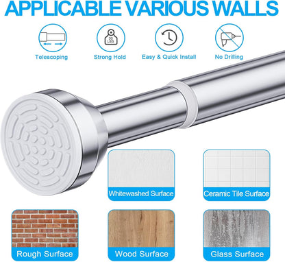 Shower Curtain Rod, 27-76 Inch Adjustable Tension Spring, Shower Curtain Rod Tension, Anti-Slip, Rust-Proof, No Drilling, for Bathroom, Silver