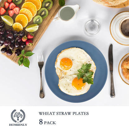 Set of 8 Unbreakable Wheat Straw Flat Dinner Plates - Microwave and Dishwasher Safe, Perfect for Camping and Salads (Blue, 10 Inch)