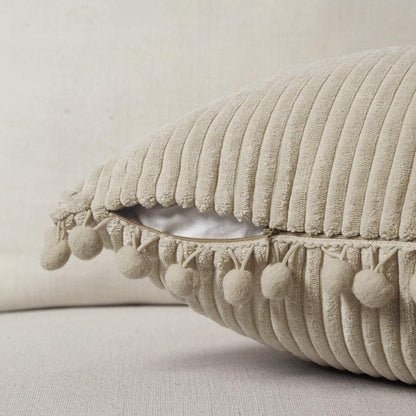 Tan Boho Decorative Throw Pillow Covers 18X18 with Pom-Poms, Soft Corduroy Solid Square Cushion Cases Set for Living Room Couch Sofa Bedroom Car (18X18 Inch/45X45 Cm, Khaki)