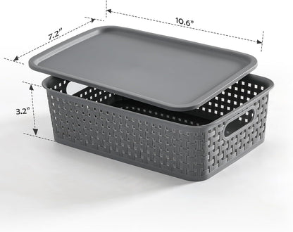 [ 12 Pack ] Plastic Storage Baskets with Lids, Small Pantry Organization, Stackable Storage Bins, Household Organizers for Cabinets, Countertop, Drawers, under Sink or on Shelves,Gray