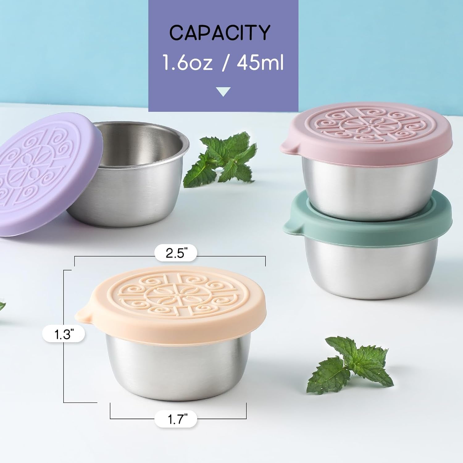 [6 Pack] Salad Dressing Container to Go, 1.6 Oz Small Condiment Containers with Lids, Reusable Stainless Steel Sauce Cups , Leakproof Silicone Lids for Lunch Bento Box, Picnic and Travel
