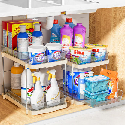 2 Sets of 2-Tier Multi-Purpose Bathroom Cabinet under Sink Organizers and Storage, Stackable Kitchen Pantry Organization and Storage, Beige