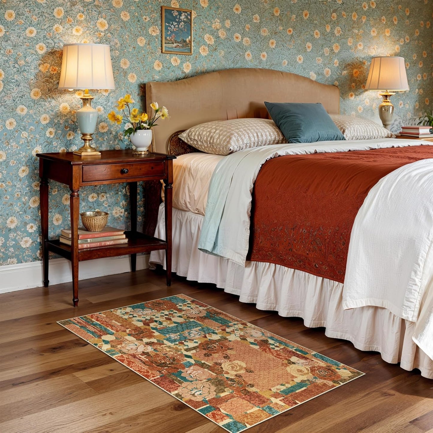 Area Rug 2X3 Doormat, Machine Washable Low Pile Rugs, Small Floral Patchwork Retro Chenille Entryway Mat for Entrance, Hallway, Kitchen and Corridor, Rose Red