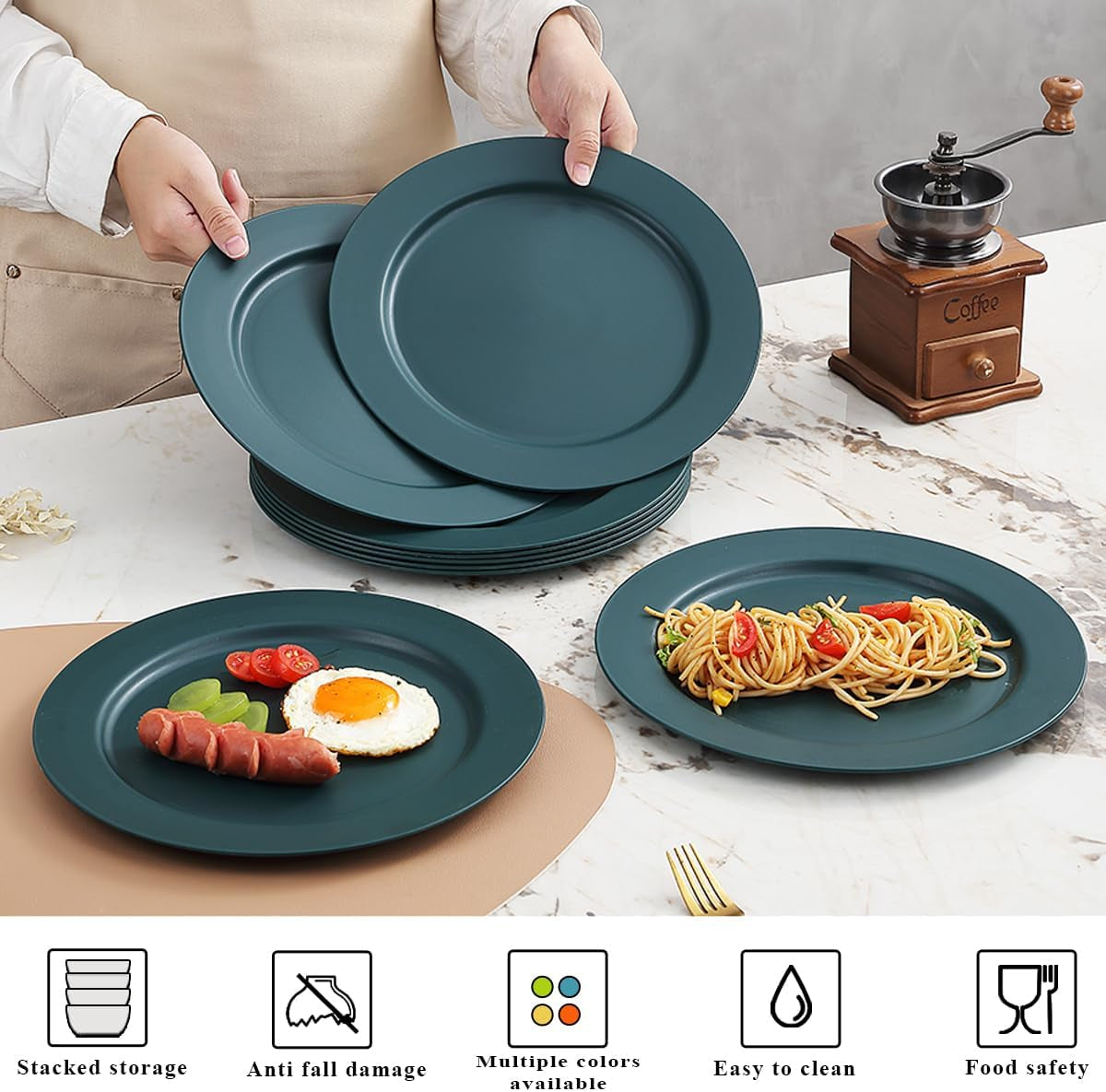 Set of 8 Green Reusable 10" Plastic Plates - Versatile Dinnerware for Home, Garden, Picnic, Camping, and Outdoor Use