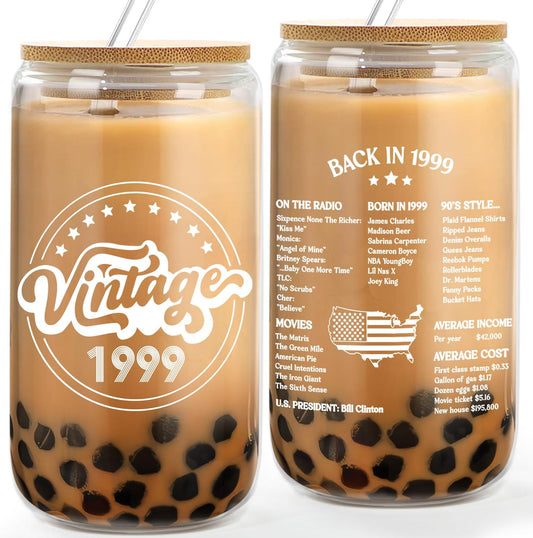 16 Oz Colorless Glass Coffee Glass - 26Th Birthday Gifts for Women - Vintage 1999 Print - BPA Free