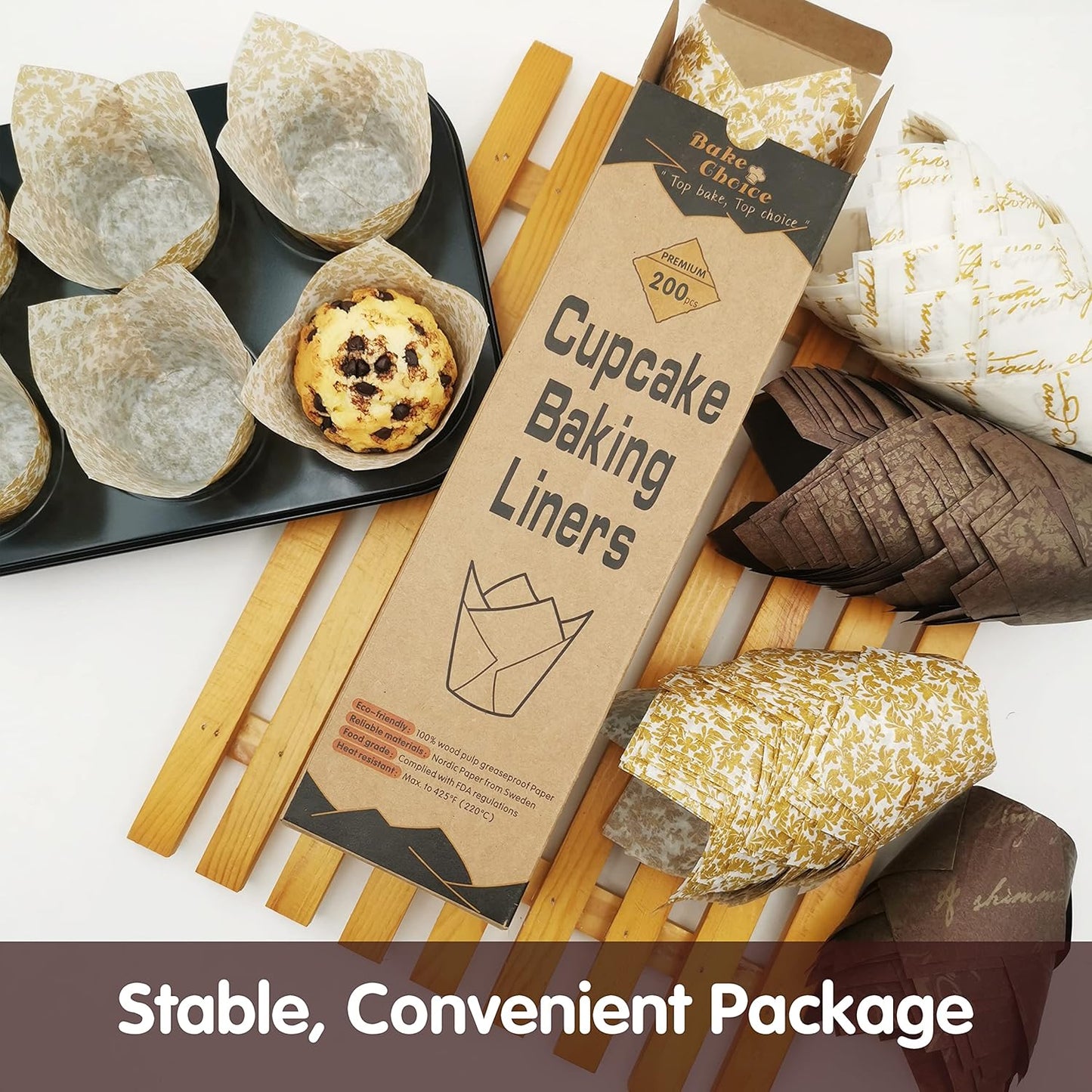 Nordic Paper 200Pcs Tulip Cupcake Liners for Baking Cups with Four Fancy Designs EU Parchment Paper Standard Size Tulip Muffin Liners, Cupcake Wrappers for Party, Wedding, Birthday