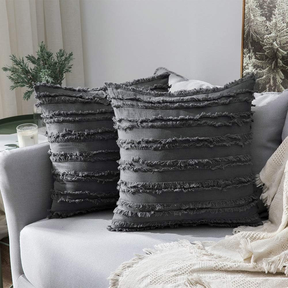 Set of 2 Decorative Boho Throw Pillow Covers Linen Striped Jacquard Pattern Cushion Covers for Sofa Couch Living Room Bedroom 18X18 Inch Dark Grey