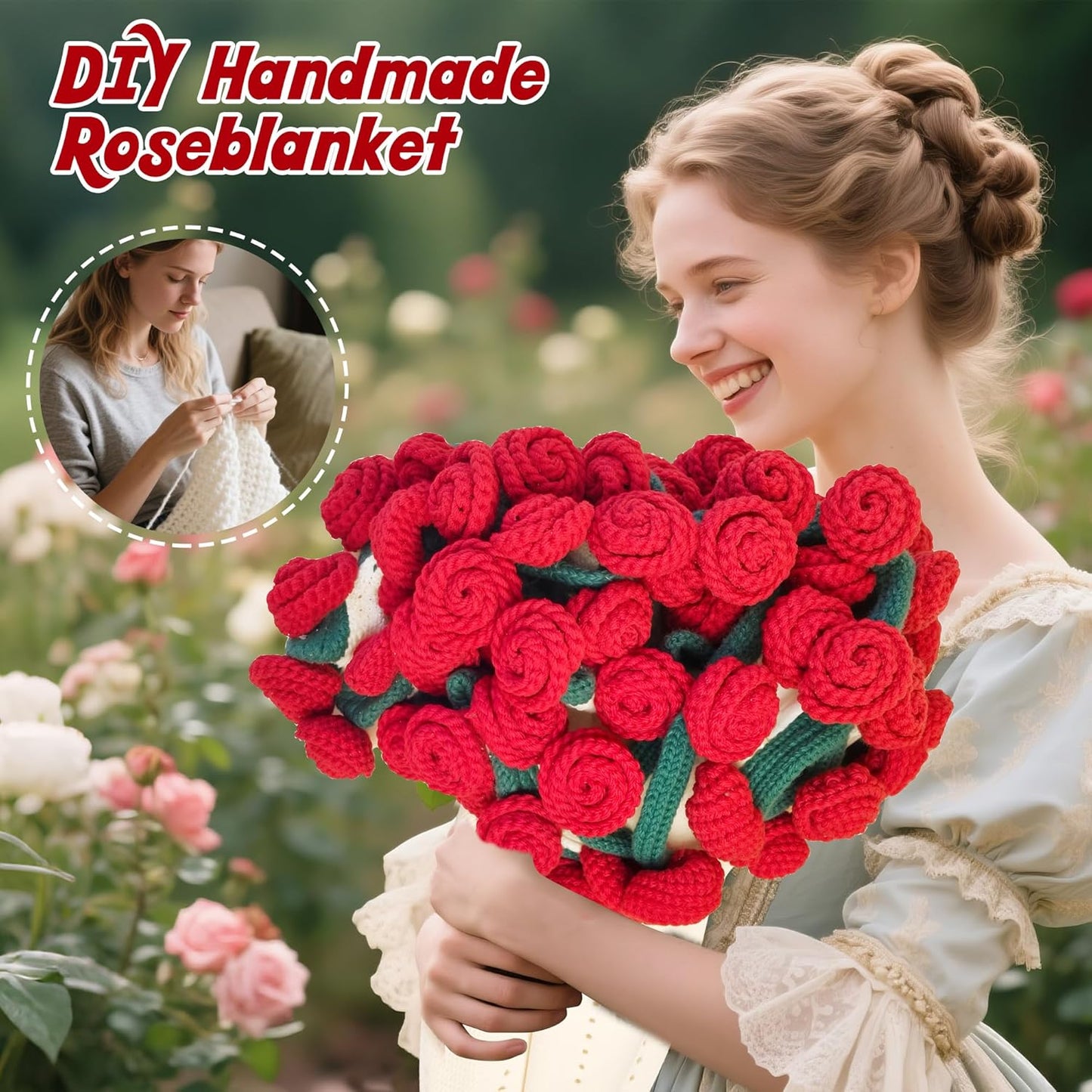 Finished Flower Bouquet Blanket, Handmade Crochet Flower Blanket, Soft Knitted Throw Rose Blankets, Romantic Gift for Birthday Wedding Valentine’S Day Mother'S Day Christmas (Rose, 31 Inch)