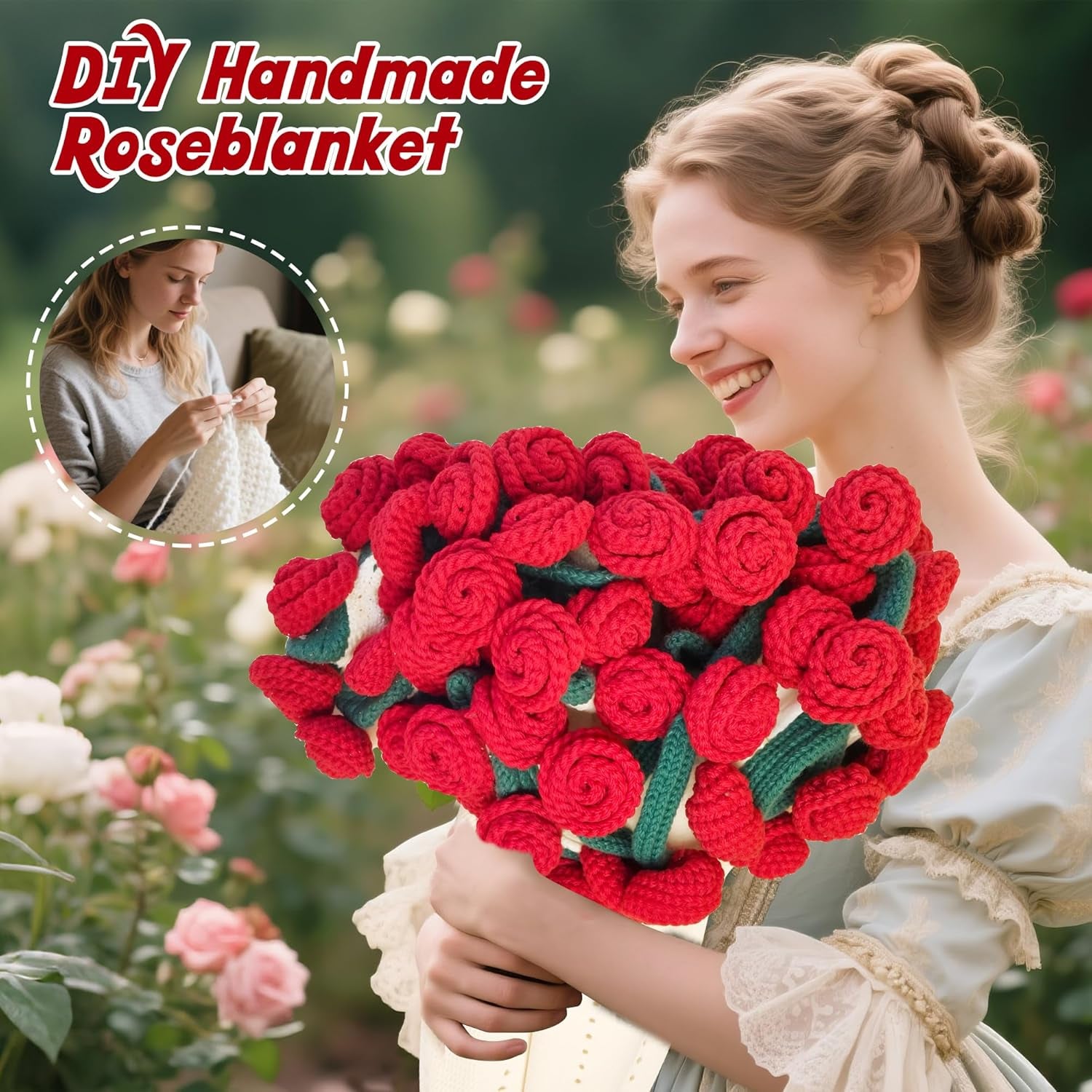 Finished Flower Bouquet Blanket, Handmade Crochet Flower Blanket, Soft Knitted Throw Rose Blankets, Romantic Gift for Birthday Wedding Valentine’S Day Mother'S Day Christmas (Rose, 31 Inch)