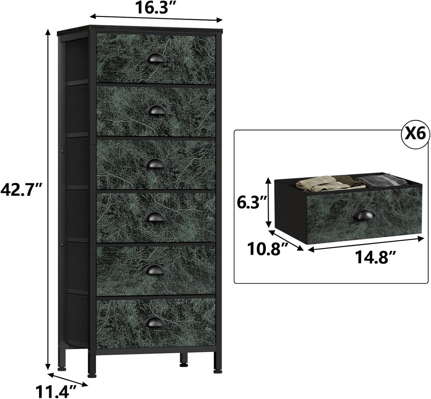 Vertical Dresser with 6 Drawers - Vintage Green Storage Tower Unit for Bedroom, Living Room, and Entryway