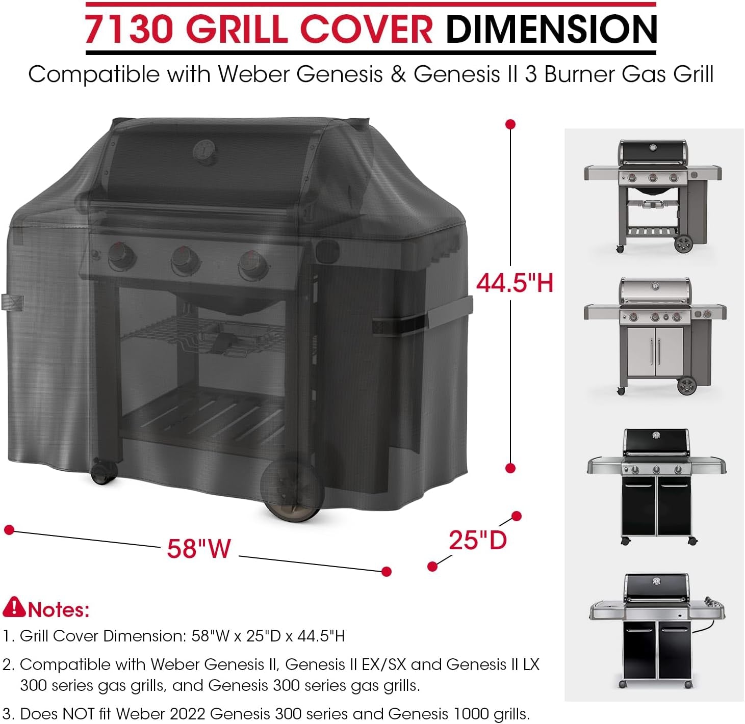 58 Inch Gas Grill Cover for Weber Genesis II and Genesis 300 Series Grills, Unique Waterproof Vinyl Exterior with Polyester Lining, Outdoor BBQ Cover, Compared to Weber 7130, Basic Version