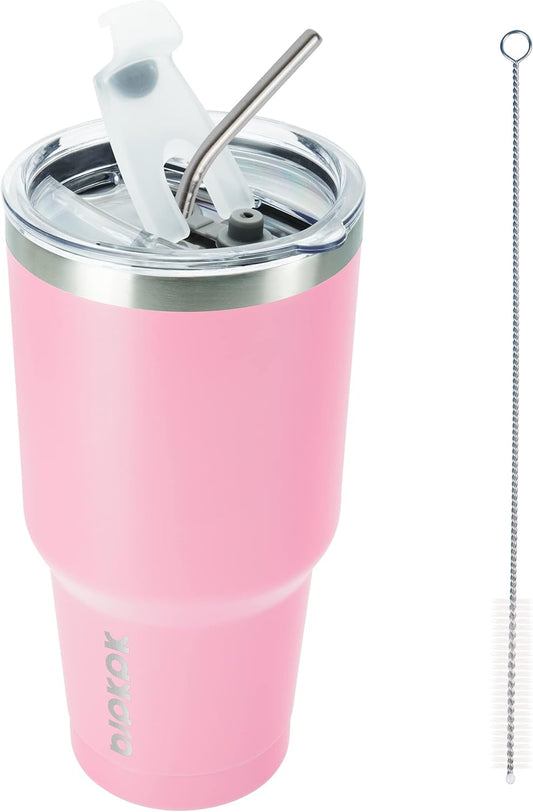 30Oz Insulated Tumbler with Lids and Straw, Stainless Steel Travel Coffee Tumbler,Powder Coated Travel Mug,Light Pink