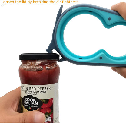 Ergonomic Jar, Bottle, and Can Opener with Rubber Gripper Pad and Corkscrew for Enhanced Accessibility for Seniors and Individuals with Limited Hand Strength