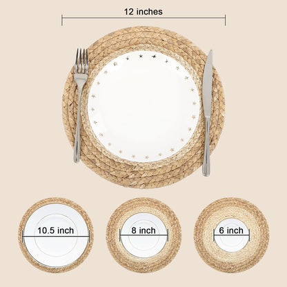 12 Inch Natural Corn Husk Water Hyacinth Woven Braided round Placemats Set of 4 Boho Place Mats Straw Rattan Wicker Table Centerpiece Mats Plate Chargers for Home Party Table Decoration