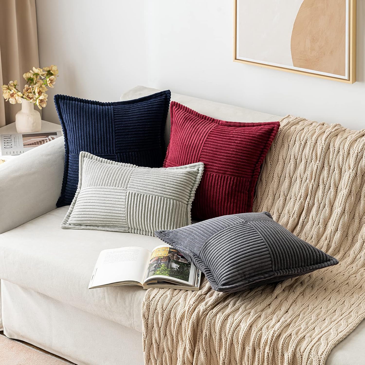 Decorative Throw Pillow Covers for Couch Bed Livingroom 18X18 Inch Set of 2 Navy Blue Boho Accent Throw Pllows Broadside Striped Patchwork Soft Corduroy Summer Coastal Pillowcases