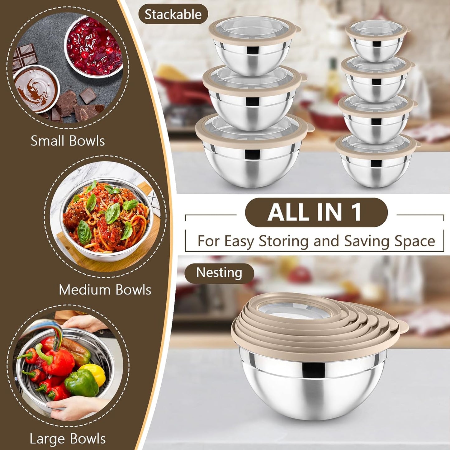 Mixing Bowl with Lid Set of 7, Stainless Steel Nesting Salad Bowls for Cooking Serving Prepping, Clear Lids & Stackable Design, Size 4.6, 3.5, 3, 2, 1.5, 1, 0.7 Qt - Khaki