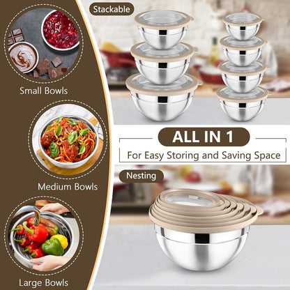 Mixing Bowl with Lid Set of 7, Stainless Steel Nesting Salad Bowls for Cooking Serving Prepping, Clear Lids & Stackable Design, Size 4.6, 3.5, 3, 2, 1.5, 1, 0.7 Qt - Khaki