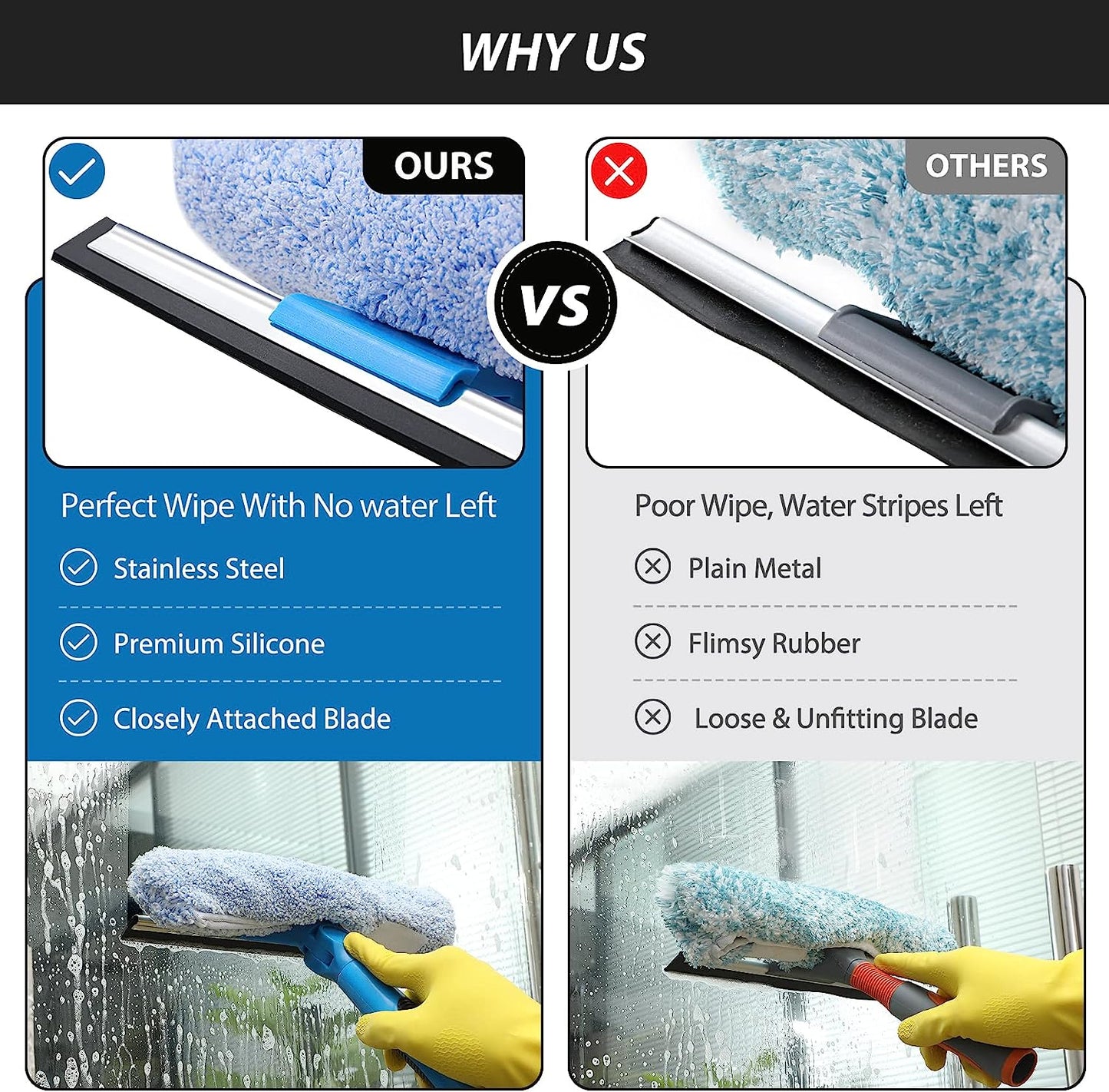 Professional 69'' Window Squeegee Cleaner Tool with Extension Pole, 2-In-1 Squeegee for Window Cleaning Kit with Scrubber and Rotating Head, 1 Blade 2 Scrubber