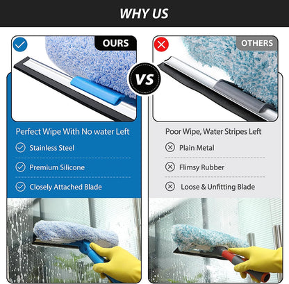 Professional 69'' Window Squeegee Cleaner Tool with Extension Pole, 2-In-1 Squeegee for Window Cleaning Kit with Scrubber and Rotating Head, 1 Blade 2 Scrubber