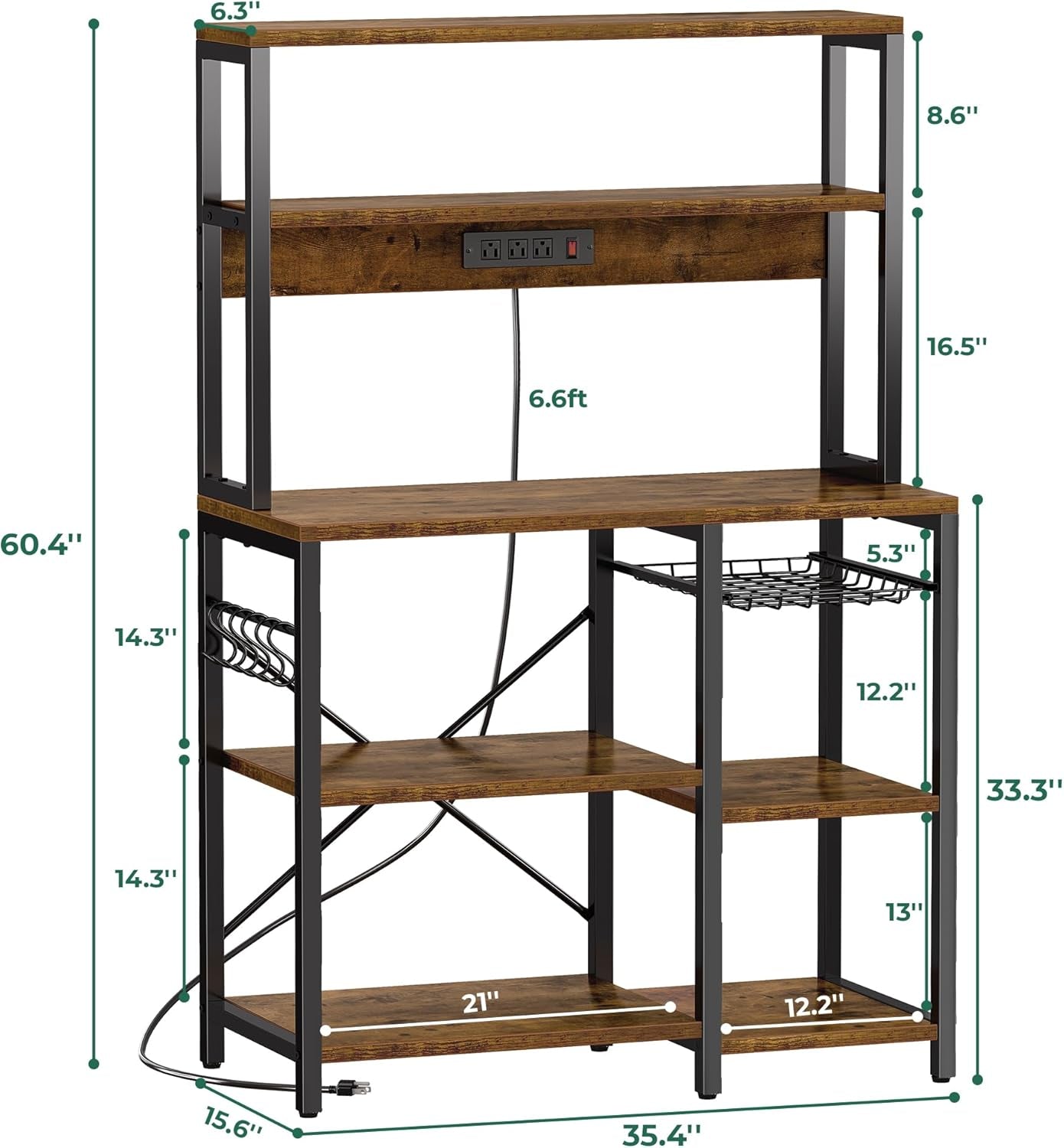 Rustic Brown Bakers Rack with Power Outlet, 35.4-Inch Coffee Bar, Microwave Stand with Wire Basket and 6 S-Shaped Hooks, Open Storage Shelves