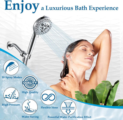10 Settings Shower Head with Handheld, 5" High Pressure Showerhead Include 2 Powerful Wash Modes for Cleaning Bathroom, Hand Held Shower Head Set with Stainless Steel Hose Filter for Hard Water
