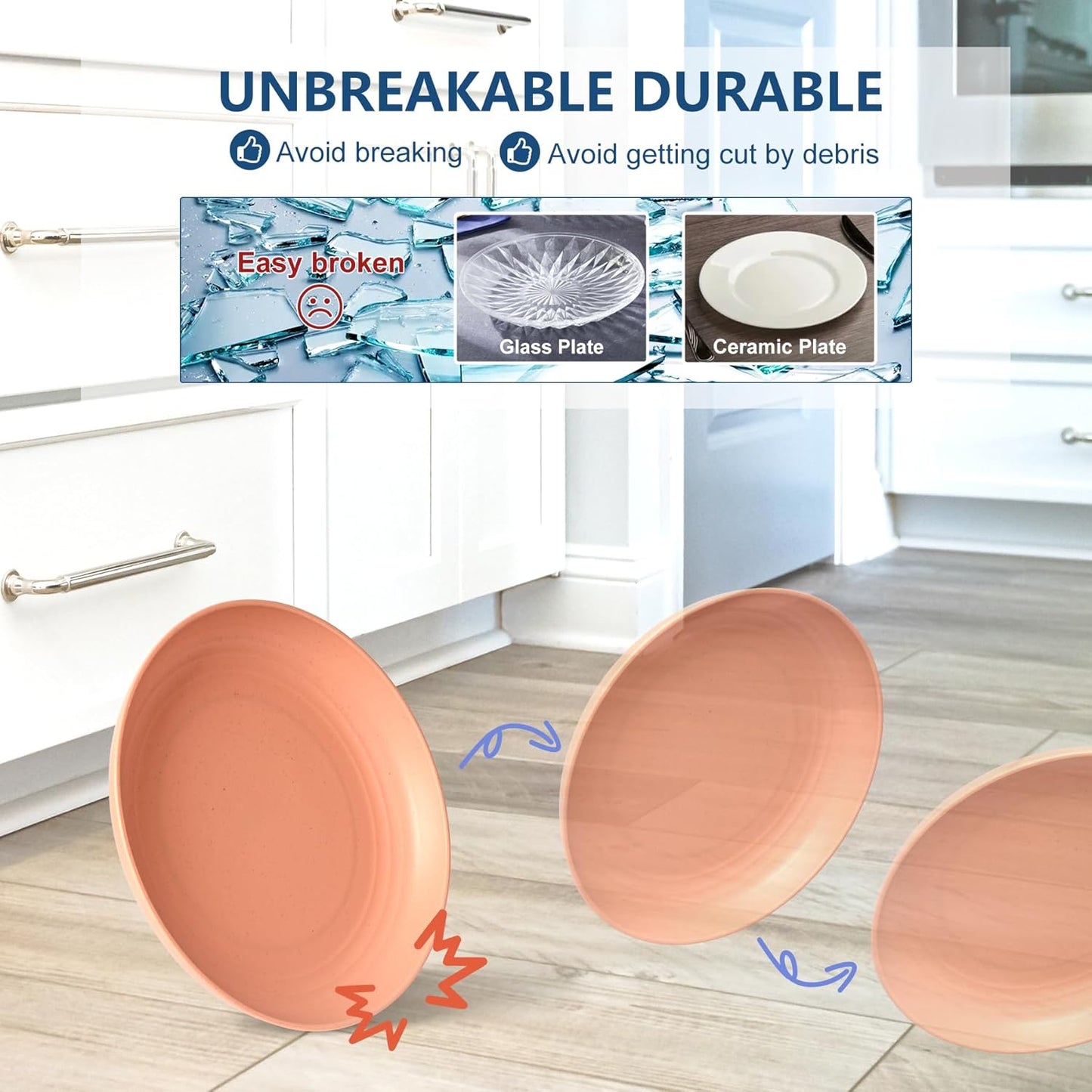 8-Pack 8Inch BPA Free Unbreakable Deep Plastic Plates, Wheat Straw Camping Plates Dishwasher Safe Kitchen Plates Dinnerware Multicolor