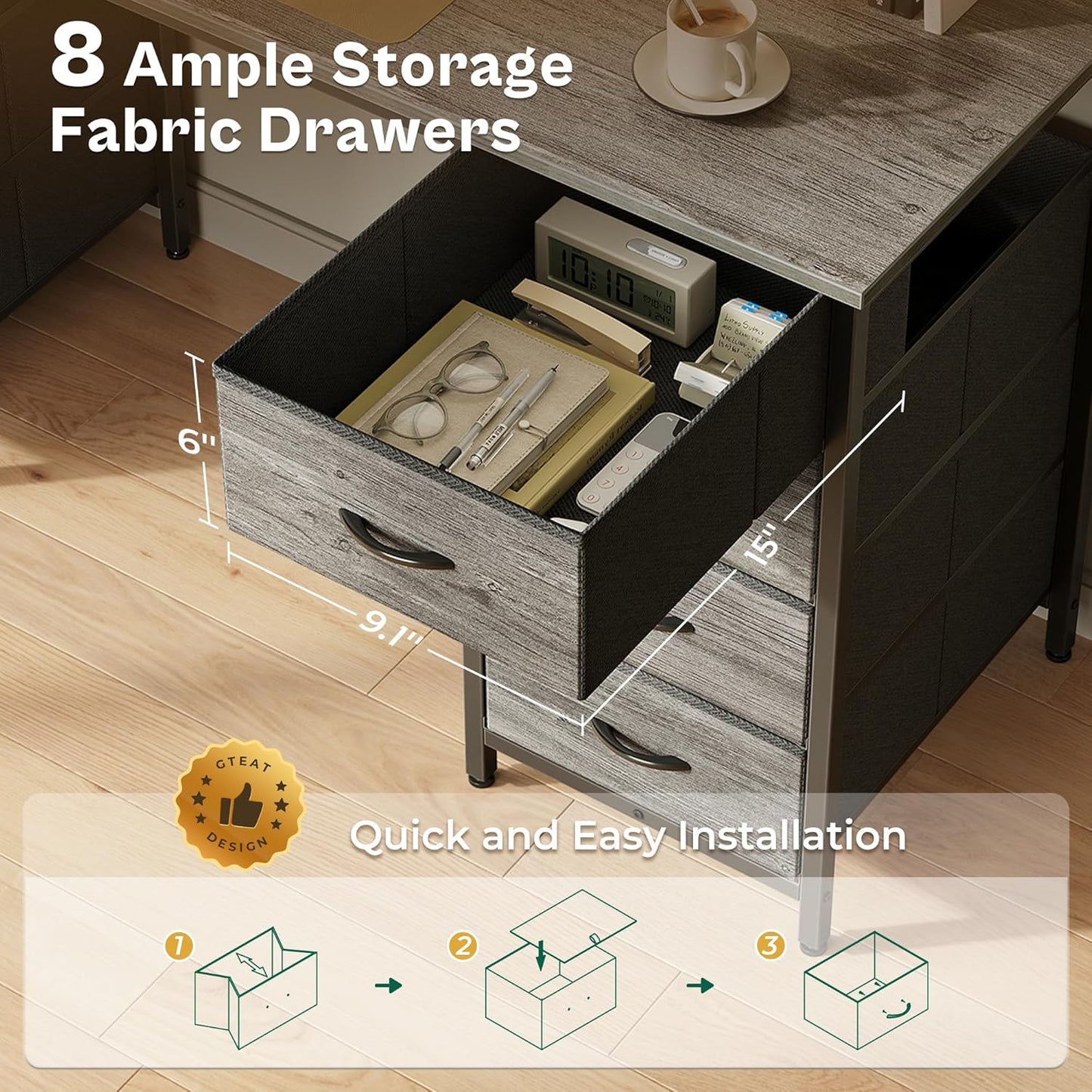 47-Inch Computer Desk with 8 Fabric Drawers - Versatile Office and Gaming Desk for Home Office and Study with Ample Storage in Grey