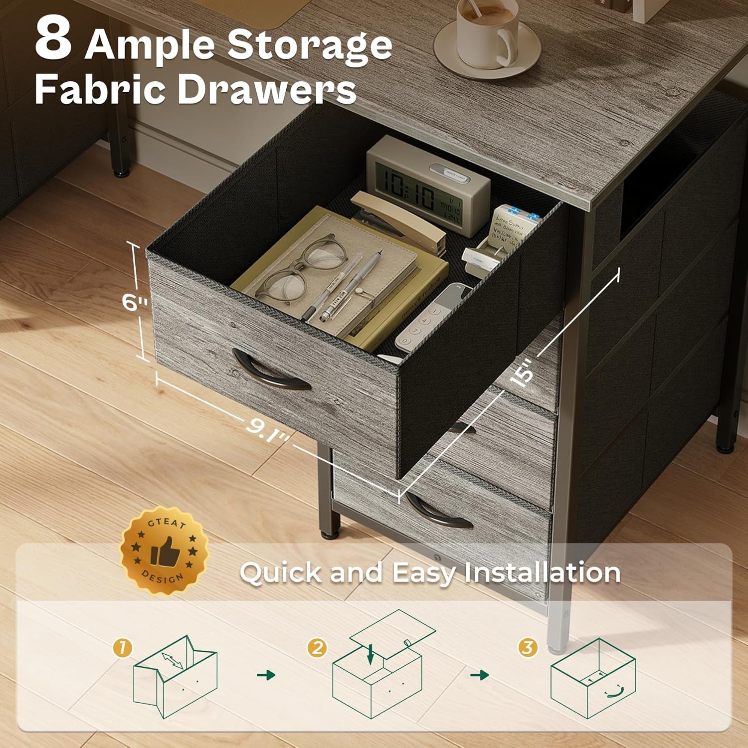 47-Inch Computer Desk with 8 Fabric Drawers - Versatile Office and Gaming Desk for Home Office and Study with Ample Storage in Grey