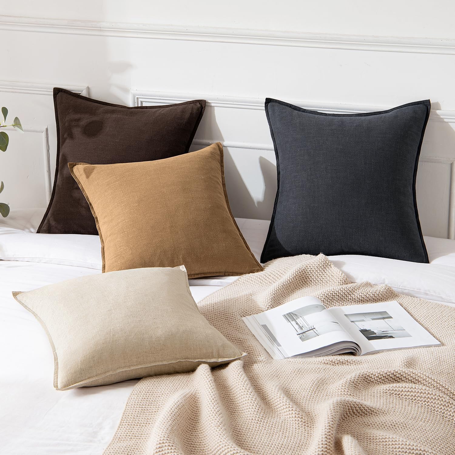 Decorative Linen Pillow Covers 18X18 Inch Brown ​Boho Farmhouse​ ​Neutral Couch Throw Pillows for Bed Pack of 2 Accent Modern Pillowcase Sofa Livingroom Home Decor