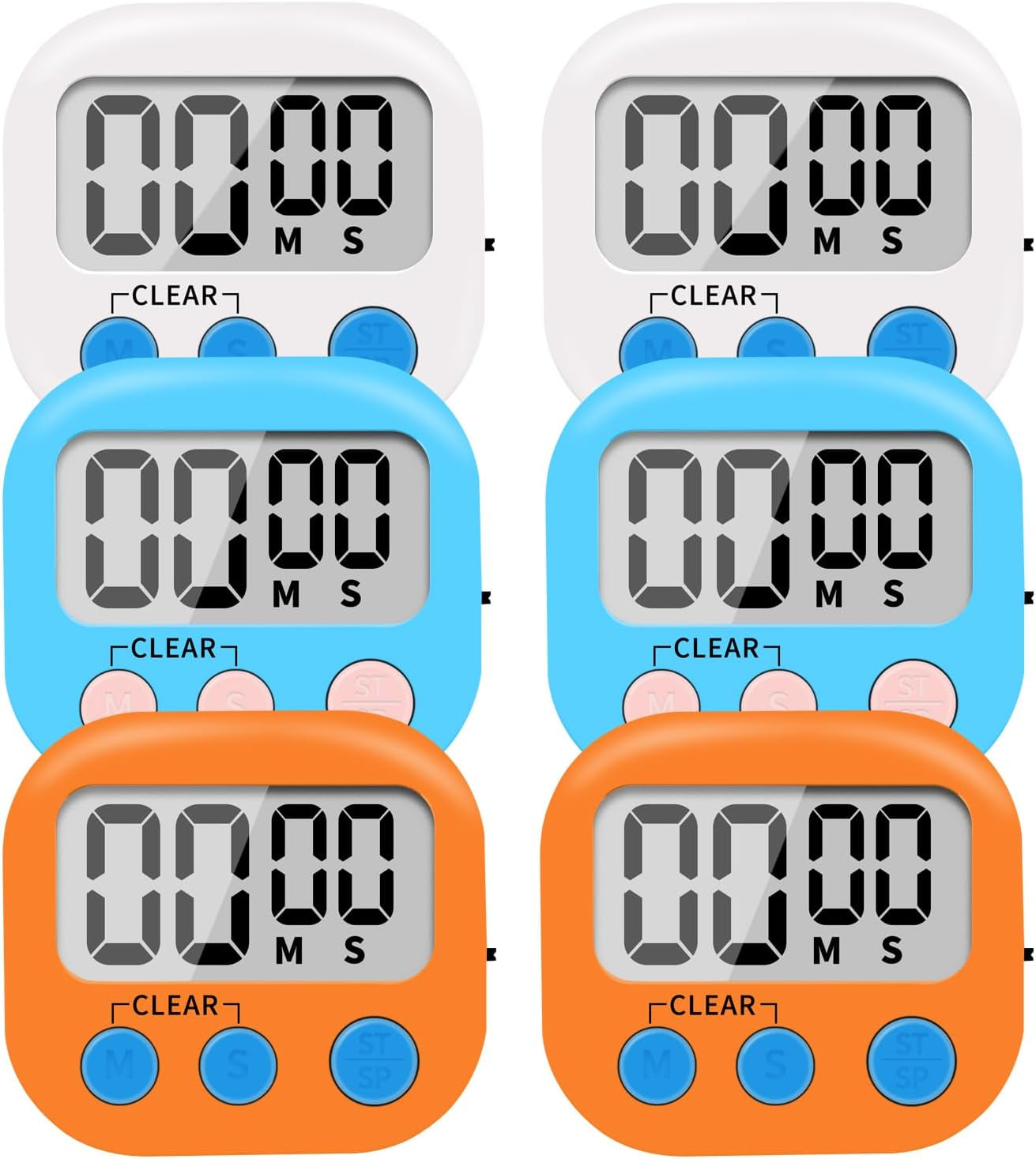 6 Pack Small Digital Kitchen Timer Magnetic Back and On/Off Switch,Minute Second Count up Countdown (Multicolored)