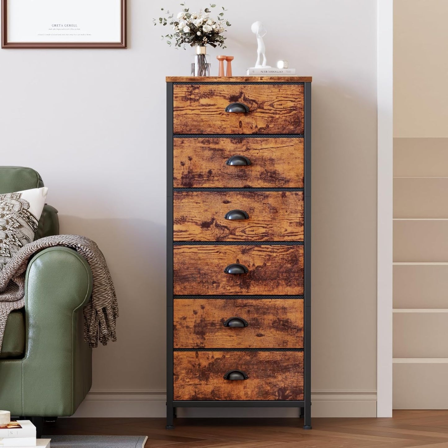 Industrial-Style Tall Dresser with 6 Drawers, Vertical End Table, and Nightstand for Bedroom, Featuring Fabric Storage Drawer Organizer for Living Room, Closet, and Entryway (Rustic Brown)