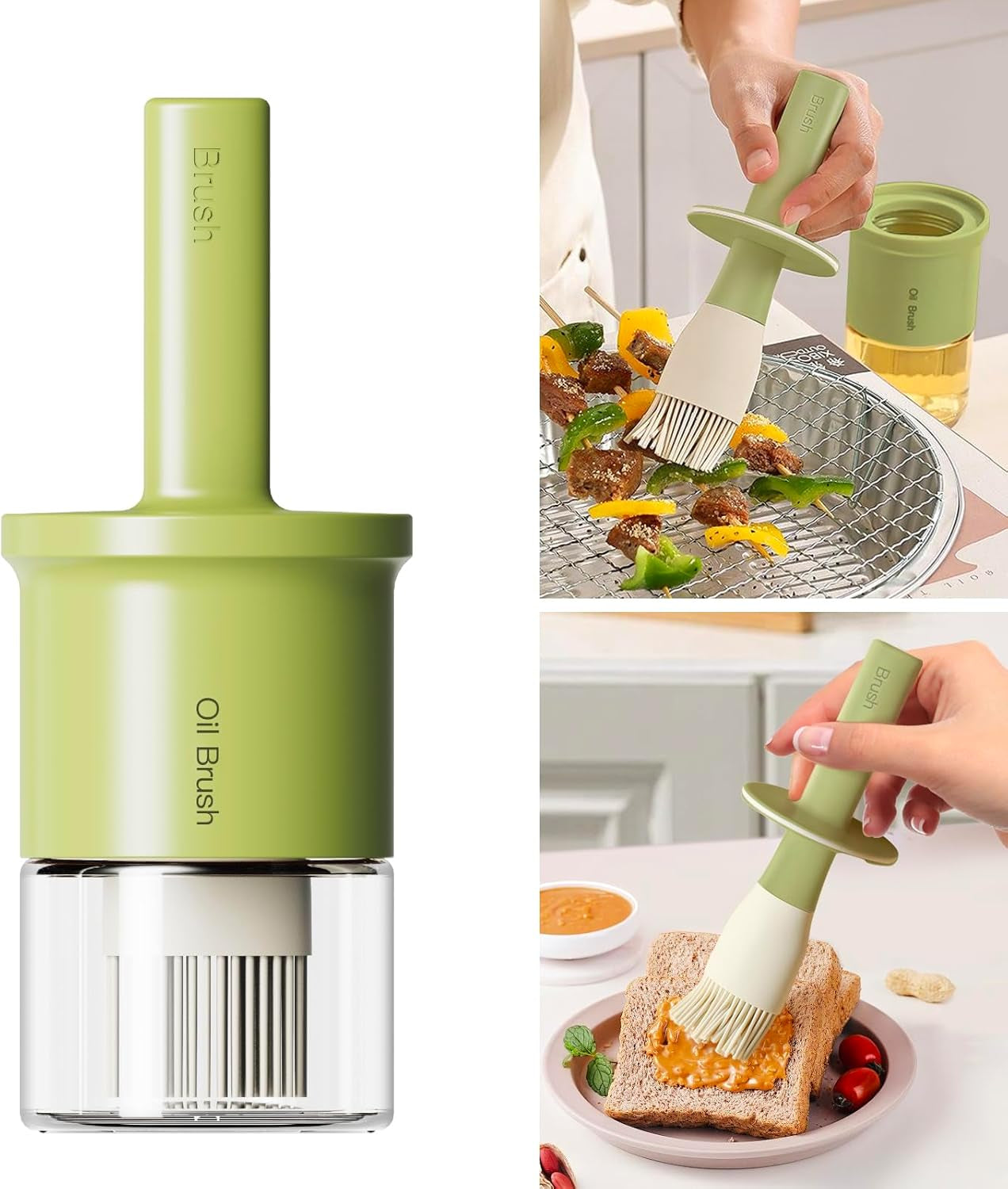 300Ml /10Oz Oil Dispenser with Brush - Glass Oil Bottle for Kitchen with Silicone Heat Resistant Basting Brush - Cooking Brush for Vinegar Sauce BBQ Grill Frying - Green