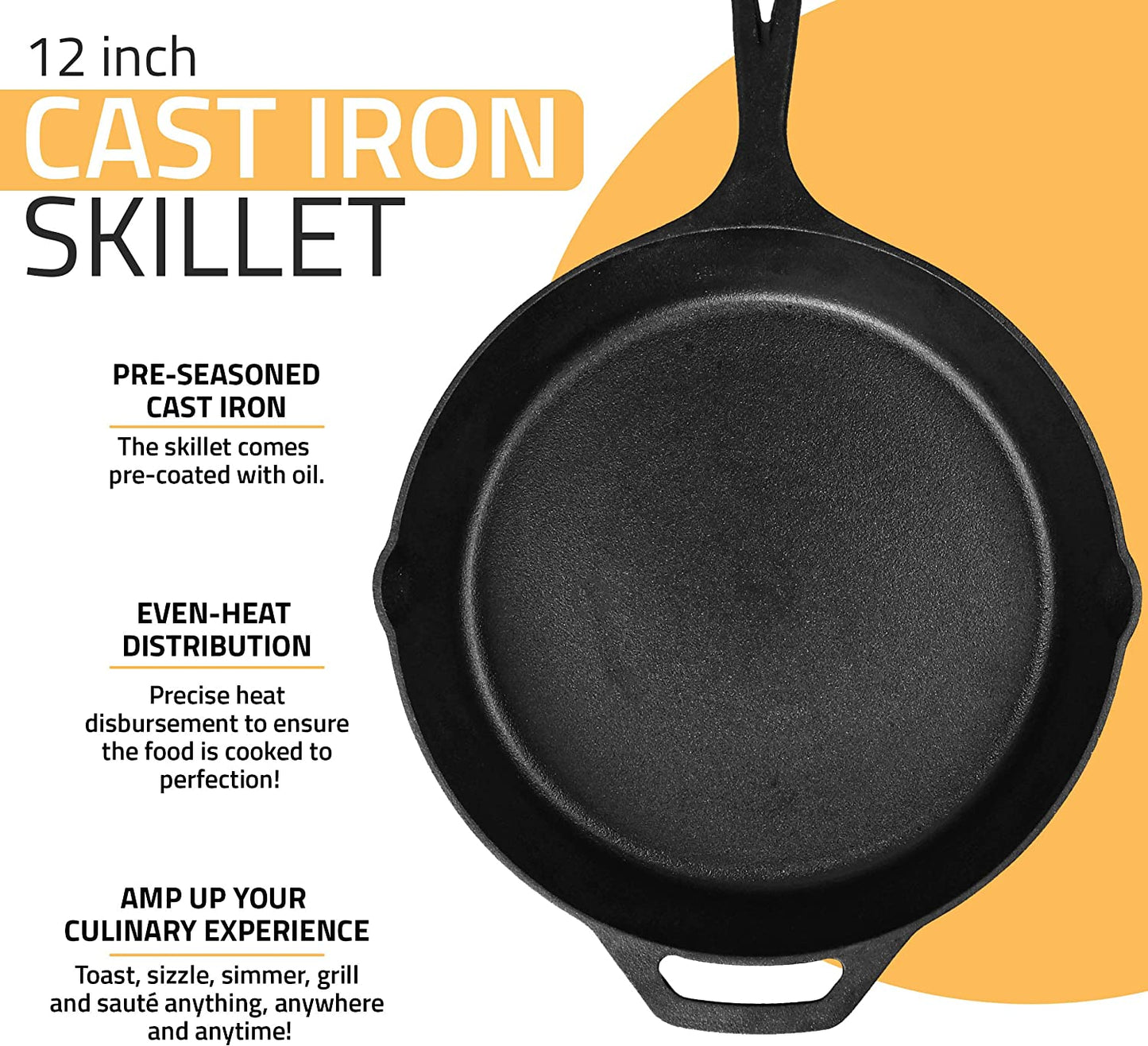 Cast Iron Frying Pan 12 Inch, Cast Iron Chefs Pan, Pre Seasoned Skillet, Safe Grill Cookware for Indoor & Outdoor Use, Black