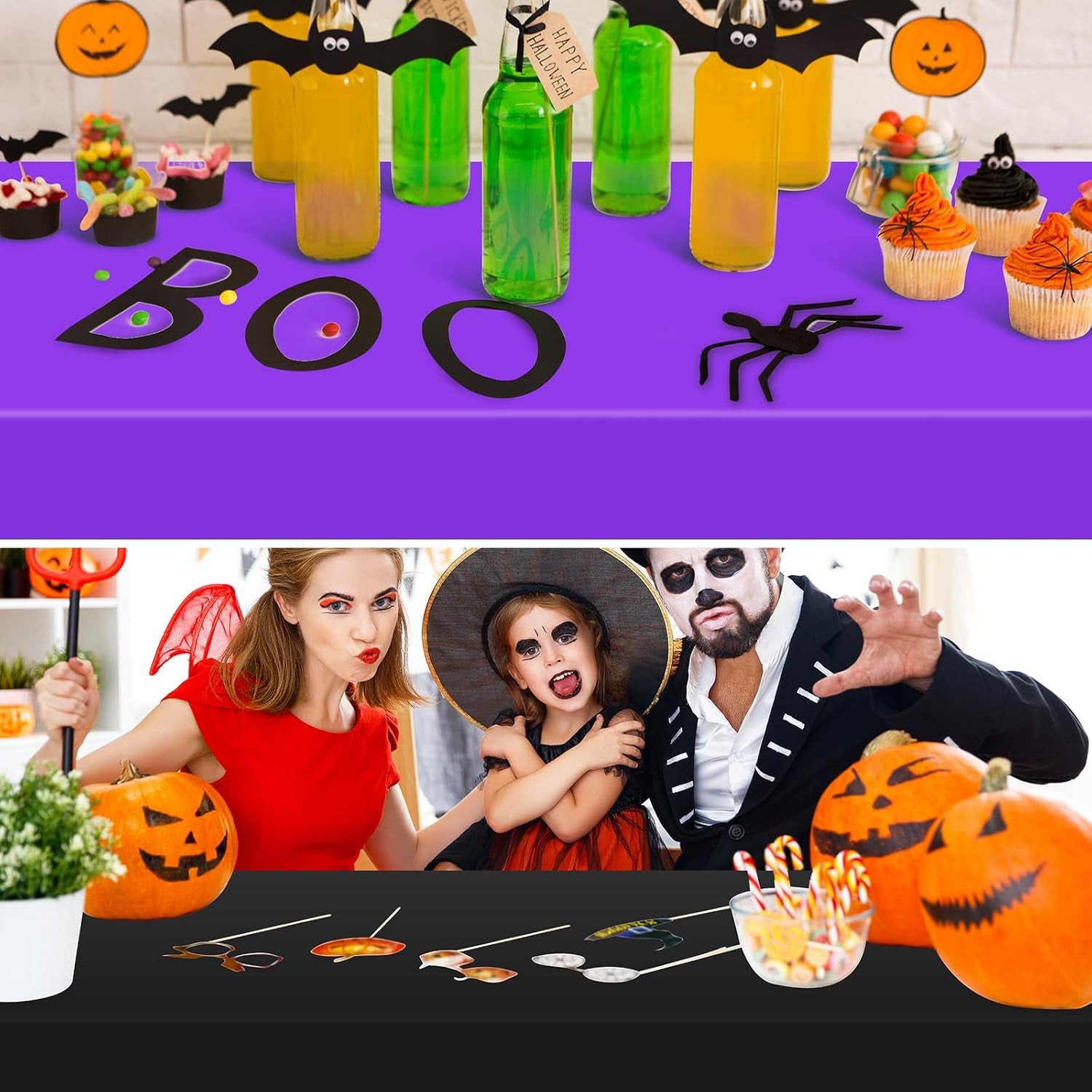 12Pack 54 X 108 Inch Halloween Tablecloths Bulk Plastic Black Purple Table Cloths Disposable Rectangle Table Covers for Halloween Witch Vampire Party Fall Autumn Harvest Party Decoration