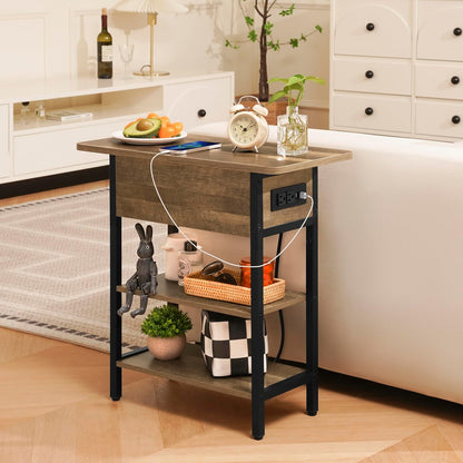End Table with Charging Station, Flip Top Side Table with USB Ports and Outlets, Sofa Couch Table Bedside Table for Living Room Bedroom, Narrow Nightstand with Storage Shelves for Small Space