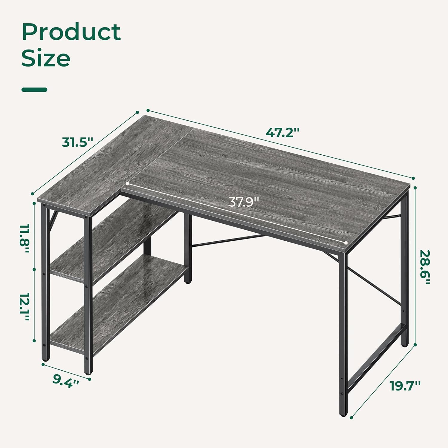 L-Shaped 47-Inch Computer Desk with Reversible Storage Shelves for Home Office, Gaming, and Study - Metal Frame, Gray