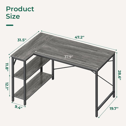 L-Shaped 47-Inch Computer Desk with Reversible Storage Shelves for Home Office, Gaming, and Study - Metal Frame, Gray