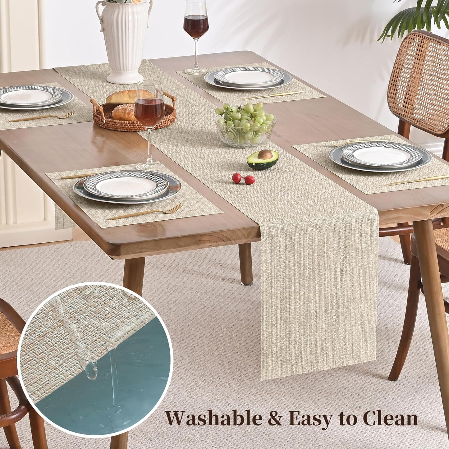 Beige Table Runner and Placemats Set of 5, Heat Resistant Non-Slip Place Mats for Dining Table, Washable Durable PVC Vinyl Woven Table Runner Set