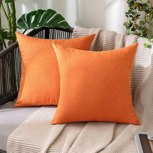Pack of 2 Decorative Outdoor Solid Waterproof Fall Throw Pillow Covers Faux Linen Garden Farmhouse Cushion Cases for Summer Patio Tent Balcony Couch Sofa 18X18 Inch Bright Orange