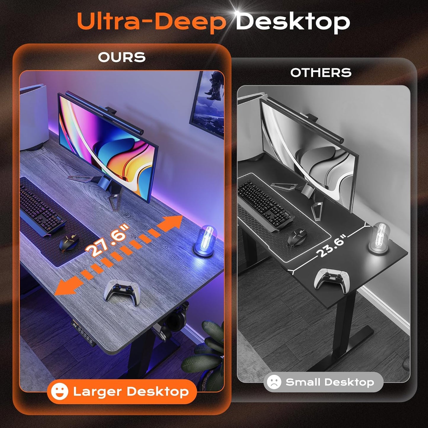 Large Electric Height Adjustable Standing Desk, 55" x 28", 27.6" Deep Desktop, Gaming and Office Desk with 2 Hooks and 3 Preset Heights, Grey Finish