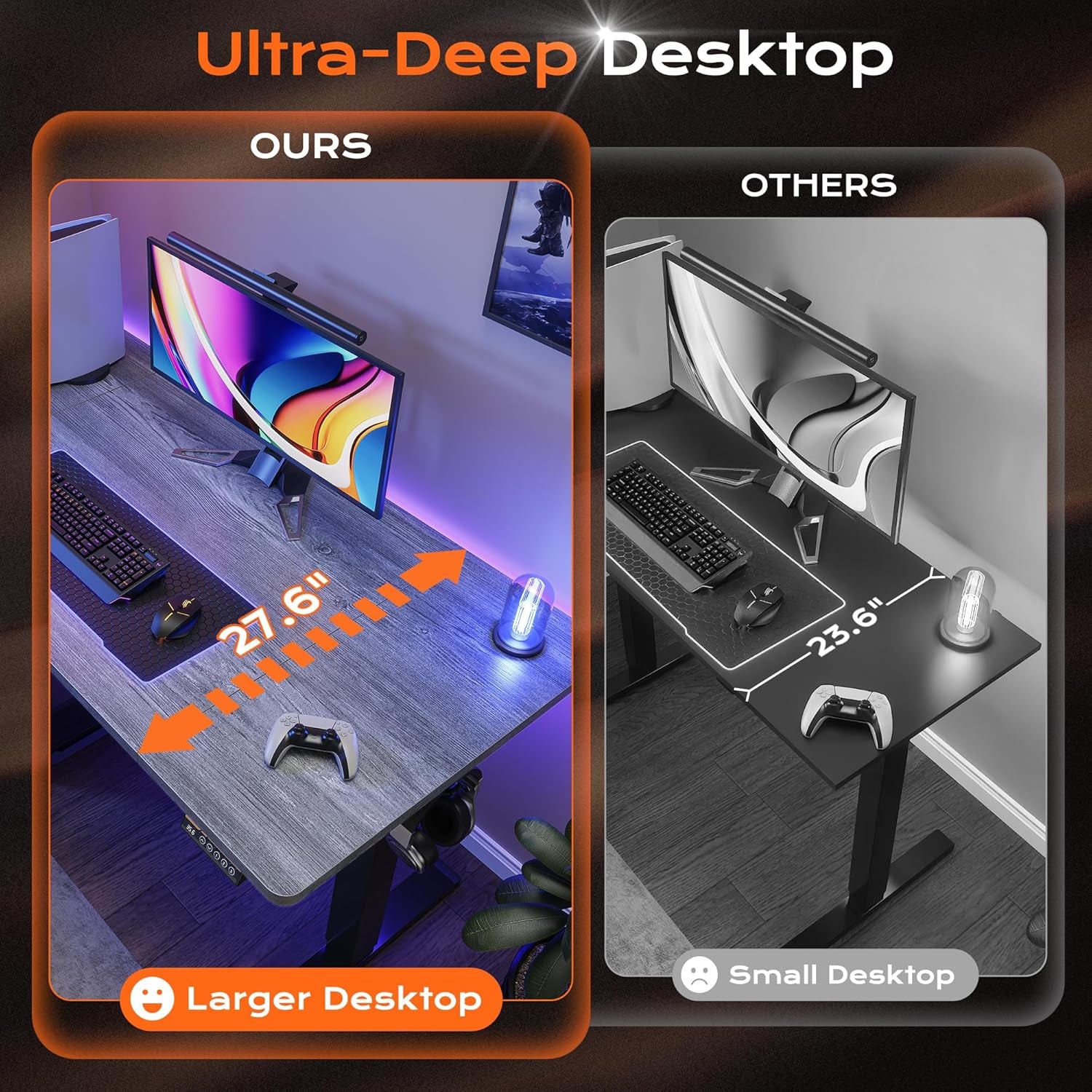 Large Electric Height Adjustable Standing Desk, 55" x 28", 27.6" Deep Desktop, Gaming and Office Desk with 2 Hooks and 3 Preset Heights, Grey Finish