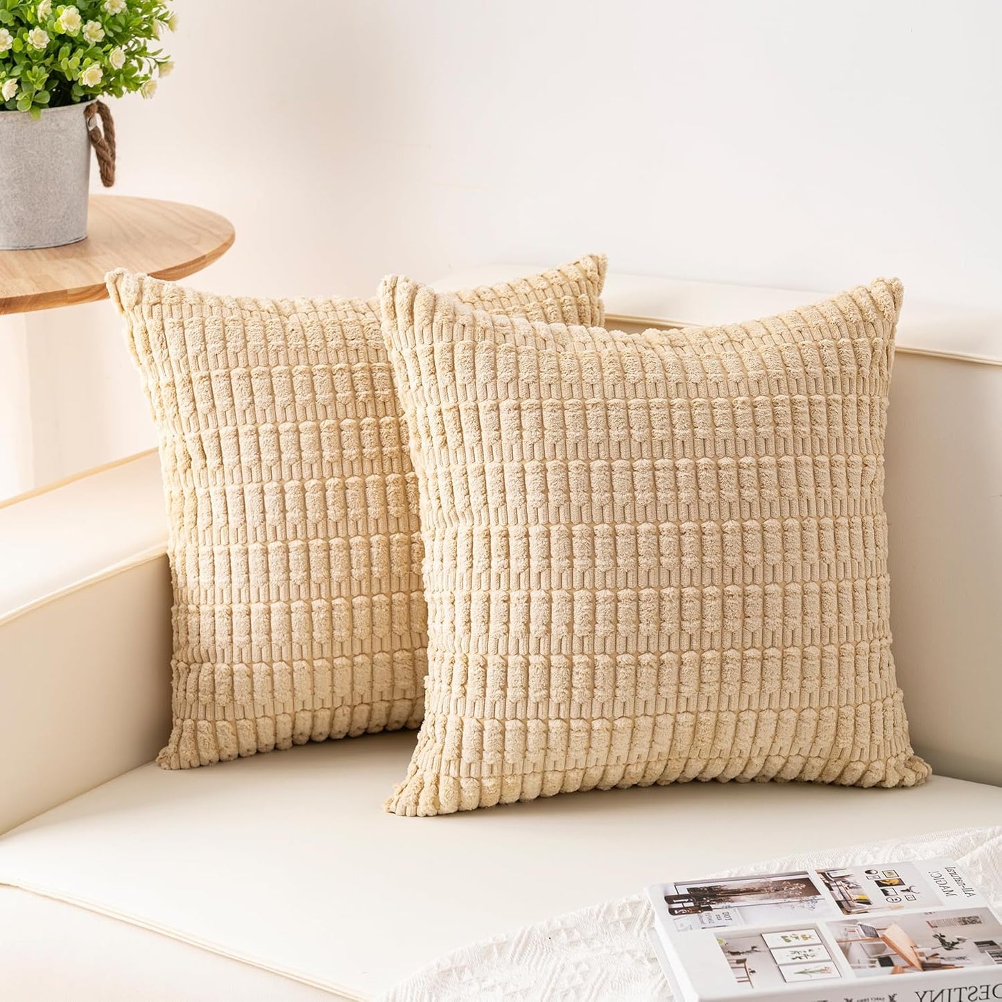 Pack of 2 Corduroy Decorative Throw Pillow Covers 18X18 Inchsoft Boho Striped Pillow Covers Modern Farmhouse Home Decor for Sofa Living Room Couch Bed(Beige)