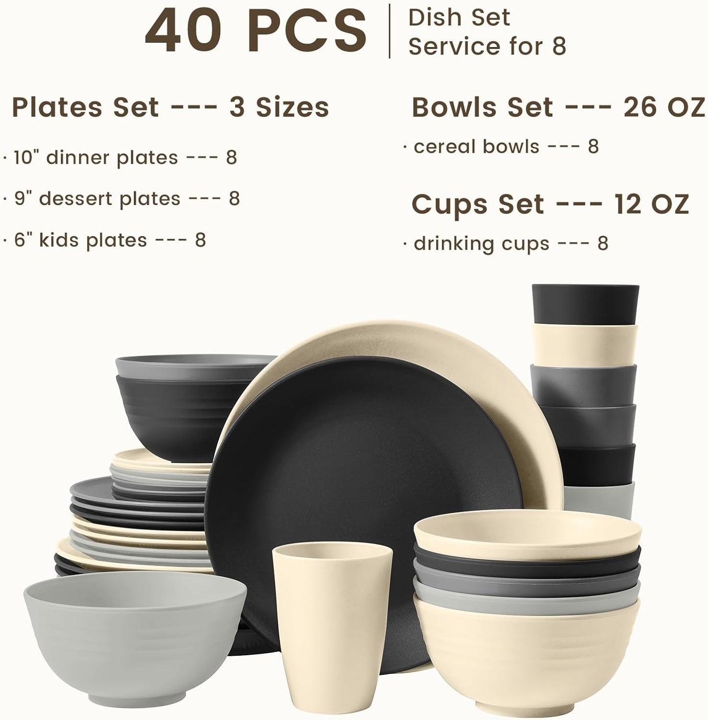 40-Piece Kitchen Wheat Straw Dinnerware Set - Includes Dinner Plates, Cereal Bowls, and Cups, Microwave and Dishwasher Safe, Unbreakable for Parties and Outdoor Use (Grey Stone)