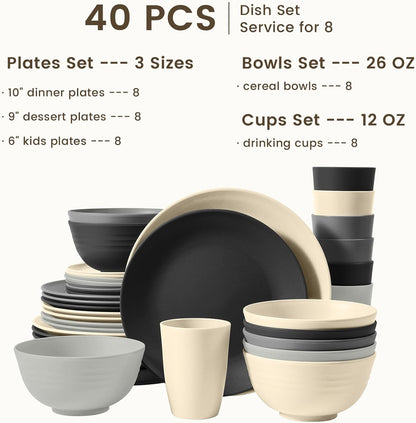 40-Piece Kitchen Wheat Straw Dinnerware Set - Includes Dinner Plates, Cereal Bowls, and Cups, Microwave and Dishwasher Safe, Unbreakable for Parties and Outdoor Use (Grey Stone)