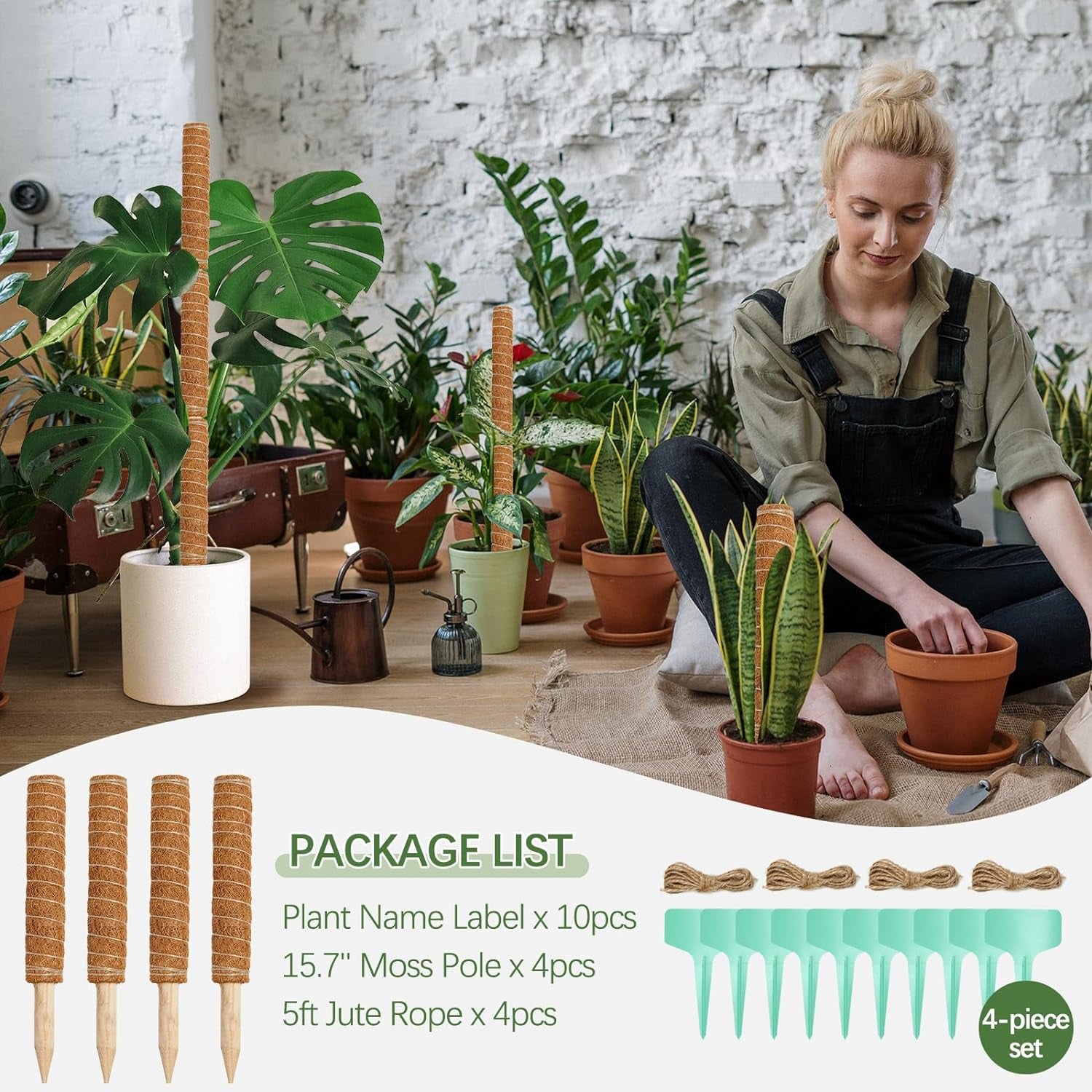 48.7 Inch Moss Pole Monstera Plant Support, 4 Pcs 15.7 Inch Stackable Moss Poles, Plant Stakes for Indoor Plants with Jute Rope & Name Label